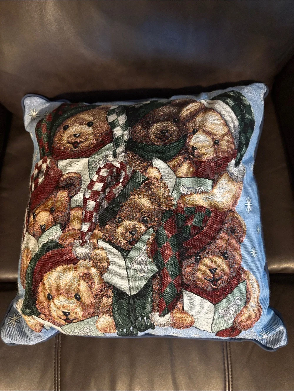 Vintage & Festive Teddy Bears Throw Pillow - Blue